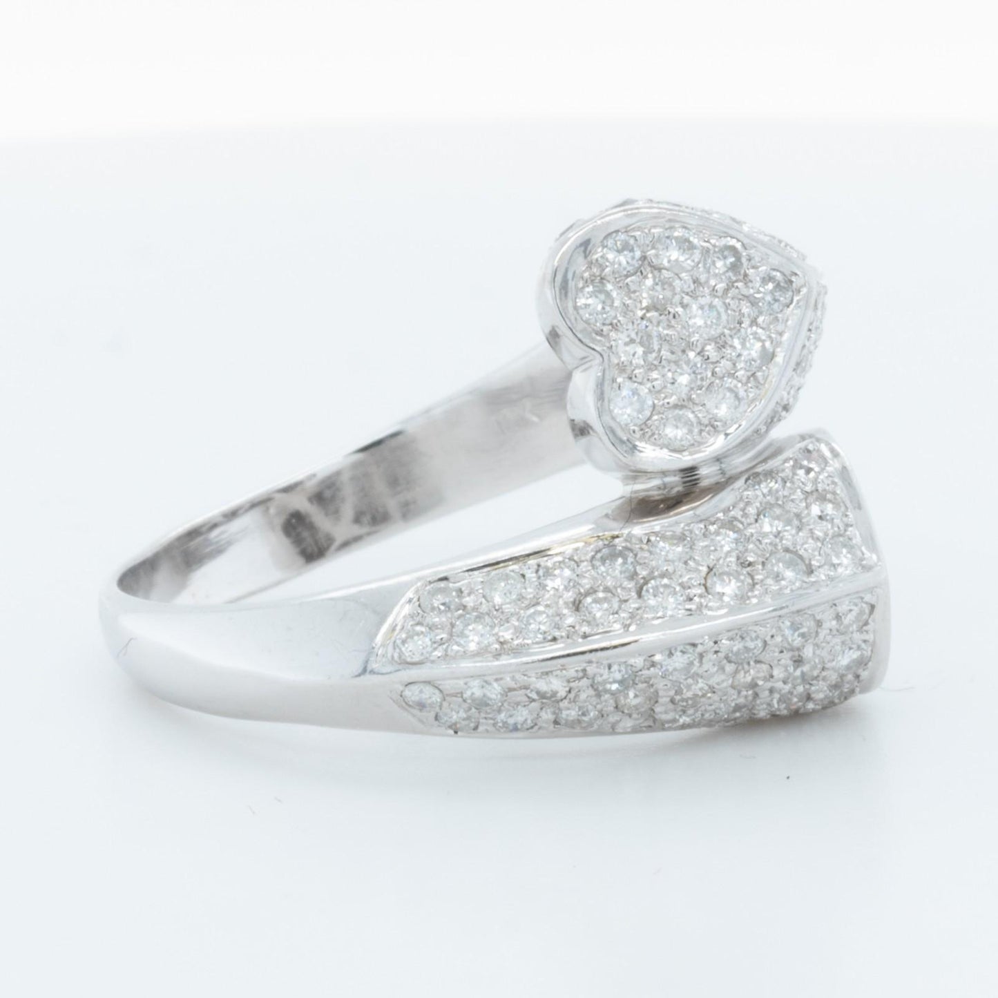 18k White Gold Diamond Sculpted Dual Hearts Bypass Ring 1.00ctw H SI2 Size 7.5