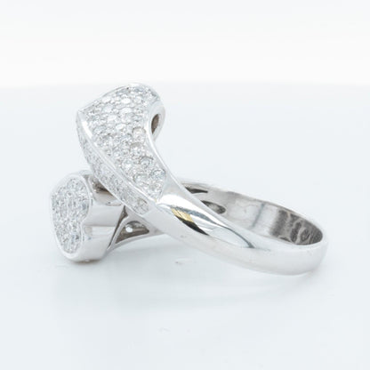 18k White Gold Diamond Sculpted Dual Hearts Bypass Ring 1.00ctw H SI2 Size 7.5