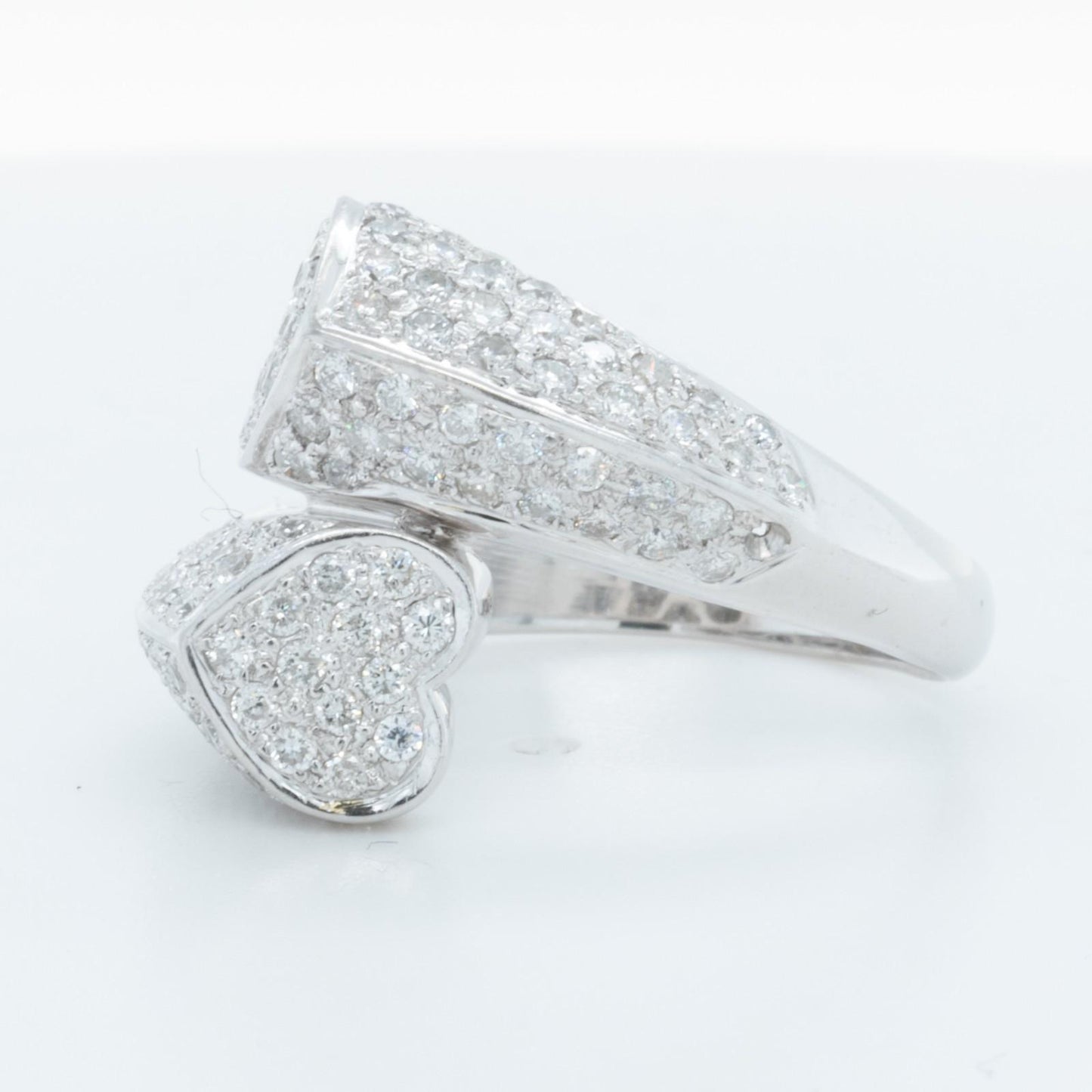 18k White Gold Diamond Sculpted Dual Hearts Bypass Ring 1.00ctw H SI2 Size 7.5