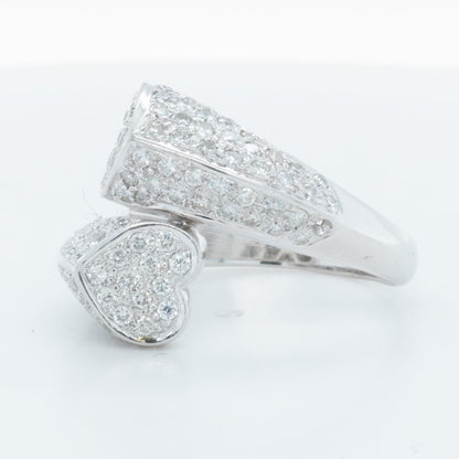 18k White Gold Diamond Sculpted Dual Hearts Bypass Ring 1.00ctw H SI2 Size 7.5