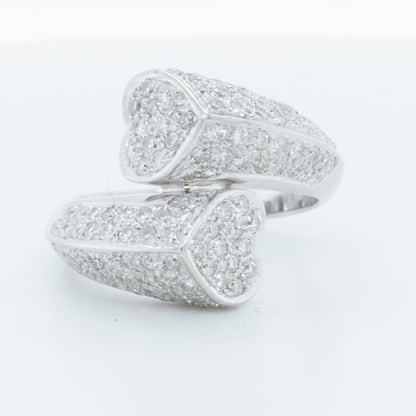 18k White Gold Diamond Sculpted Dual Hearts Bypass Ring 1.00ctw H SI2 Size 7.5