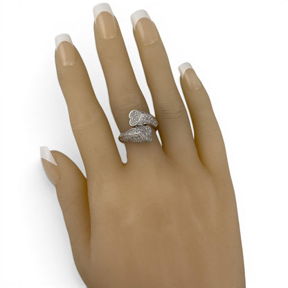 18k White Gold Diamond Sculpted Dual Hearts Bypass Ring 1.00ctw H SI2 Size 7.5