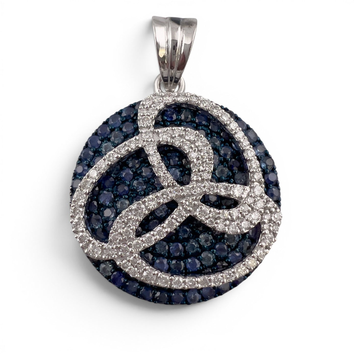 18k White Gold 3.50ctw Sapphire Diamond Circle Round Disc Pendant 0.58ctw