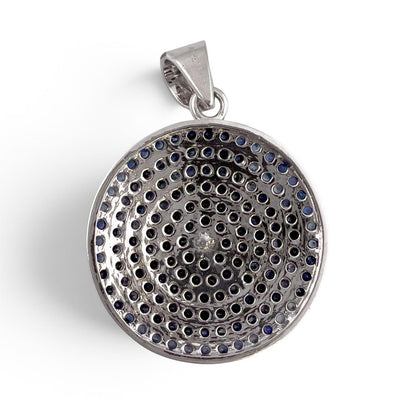 18k White Gold 3.50ctw Sapphire Diamond Circle Round Disc Pendant 0.58ctw