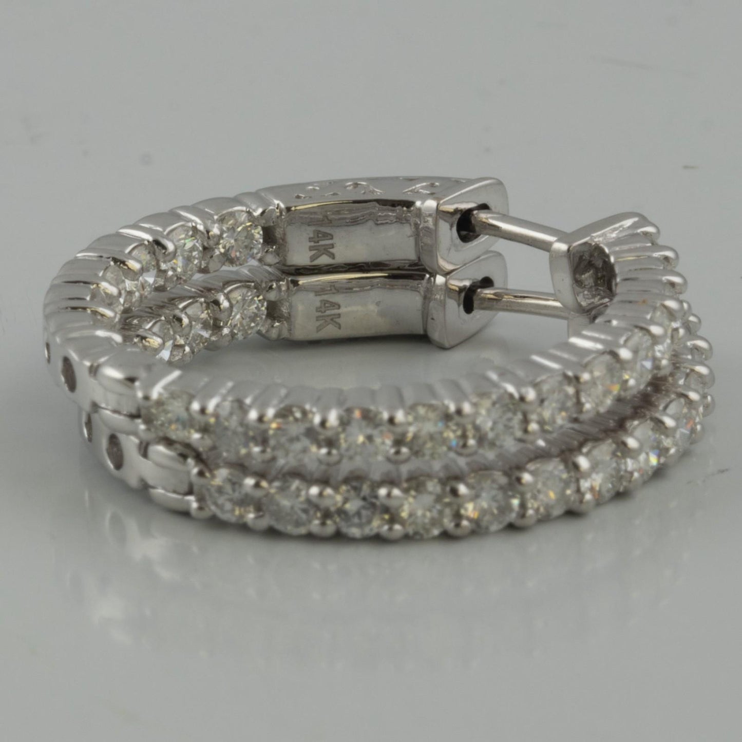 14k White Gold Diamond In & Out Hoop 1.00" Earrings 1.60ctw H SI2-I1 6.4g