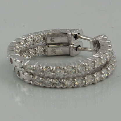 14k White Gold Diamond In & Out Hoop 1.00" Earrings 1.60ctw H SI2-I1 6.4g