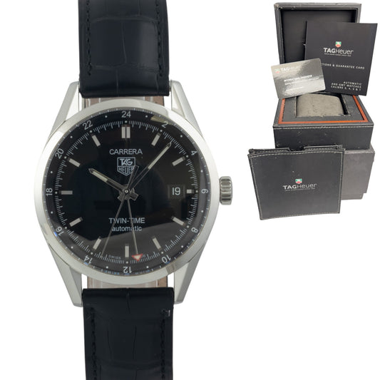 Tag Heuer Carrera WV2115 Twin Time Black Stainless Automatic 39mm BOX + PAPERS