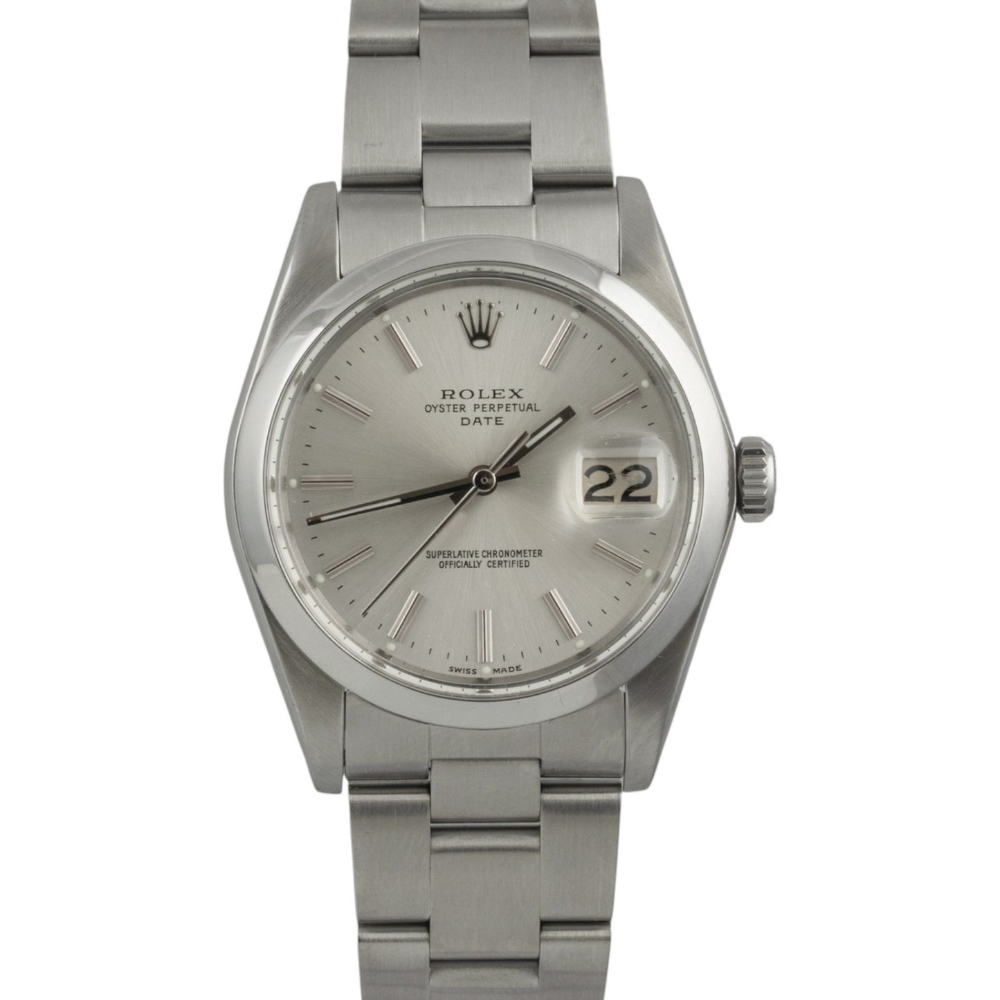Rolex Oyster Perpetual Date 1500 Silver Stainless Steel Smooth Bezel 34mm Watch