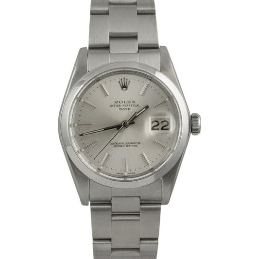 Rolex Oyster Perpetual Date 1500 Silver Stainless Steel Smooth Bezel 34mm Watch