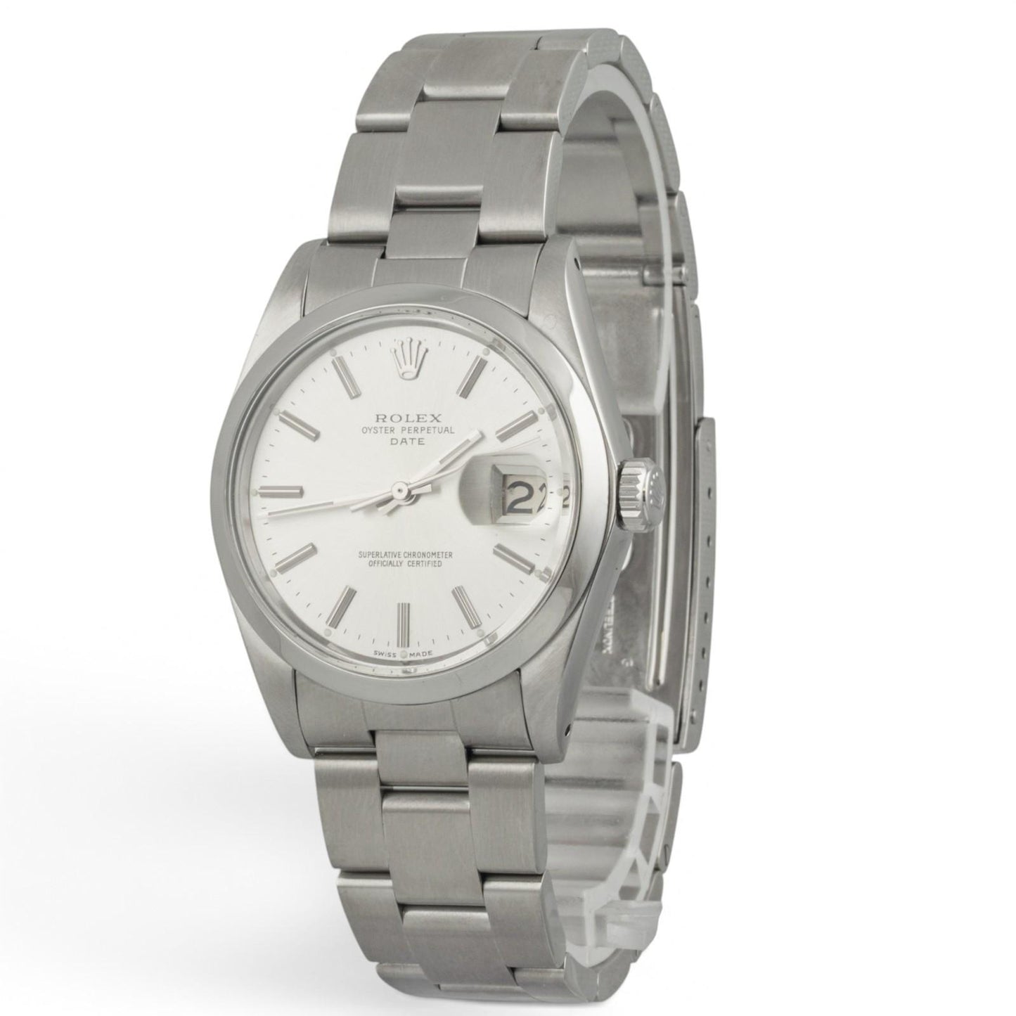 Rolex Oyster Perpetual Date 1500 Silver Stainless Steel Smooth Bezel 34mm Watch