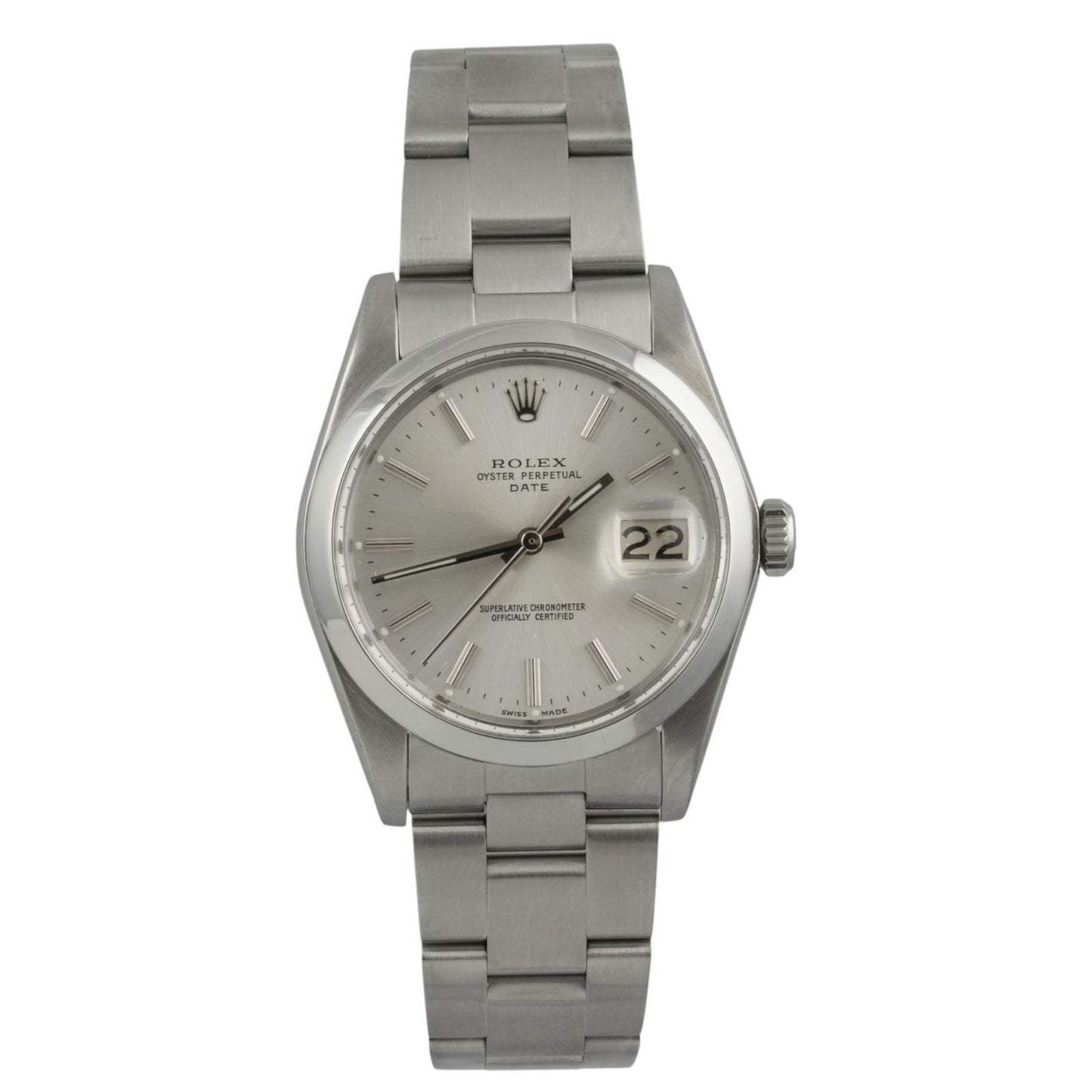 Rolex Oyster Perpetual Date 1500 Silver Stainless Steel Smooth Bezel 34mm Watch