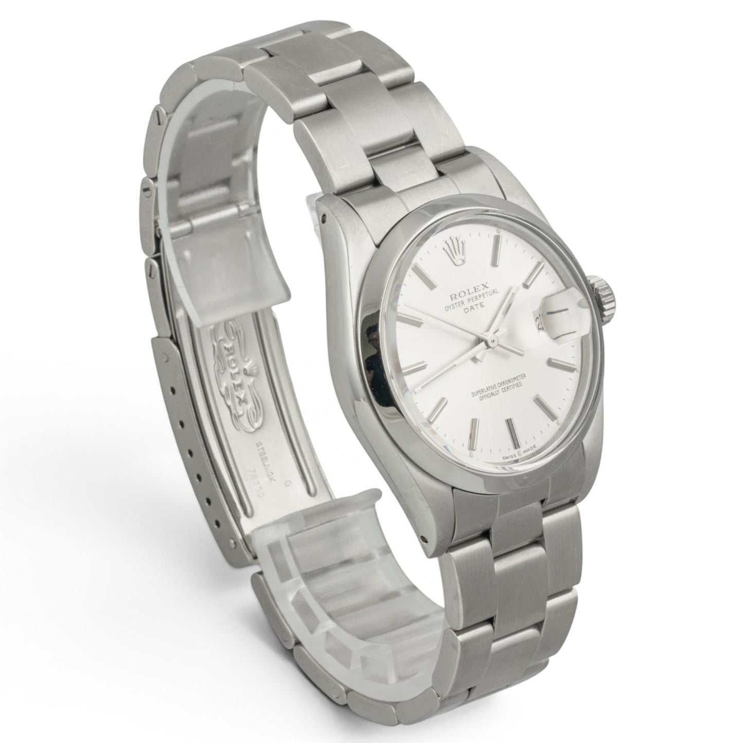 Rolex Oyster Perpetual Date 1500 Silver Stainless Steel Smooth Bezel 34mm Watch