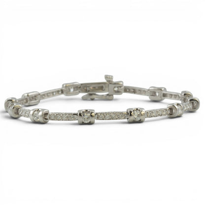 14k White Gold Round Diamond Bar & Station Tennis Bracelet 2.17ctw J SI1 7.00"