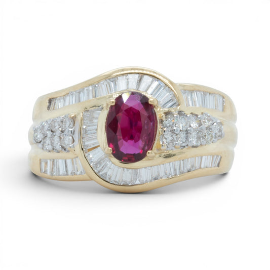 18k Yellow Gold 1.00ct Oval Ruby 1.18ctw Baguette Diamond Swirl Ring G SI1 SZ 8