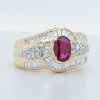 18k Yellow Gold 1.00ct Oval Ruby 1.18ctw Baguette Diamond Swirl Ring G SI1 SZ 8