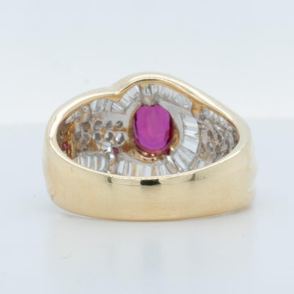 18k Yellow Gold 1.00ct Oval Ruby 1.18ctw Baguette Diamond Swirl Ring G SI1 SZ 8