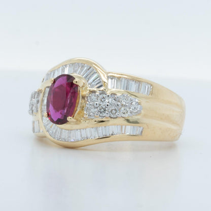 18k Yellow Gold 1.00ct Oval Ruby 1.18ctw Baguette Diamond Swirl Ring G SI1 SZ 8