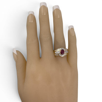 18k Yellow Gold 1.00ct Oval Ruby 1.18ctw Baguette Diamond Swirl Ring G SI1 SZ 8