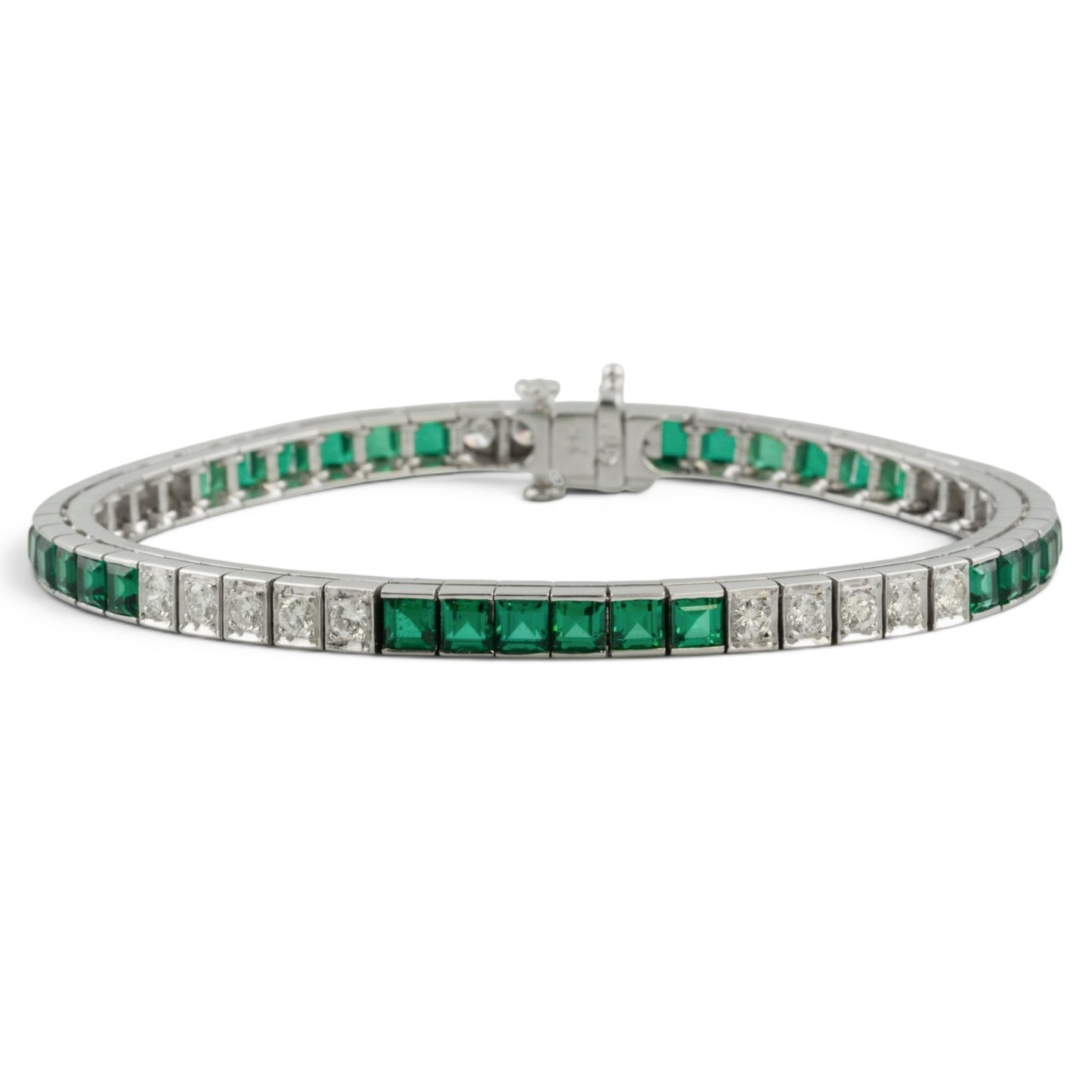 14k White Gold Emerald Cut Synthetic Emerald Diamond Tennis Bracelet 5.70ctw