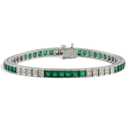 14k White Gold Emerald Cut Synthetic Emerald Diamond Tennis Bracelet 5.70ctw