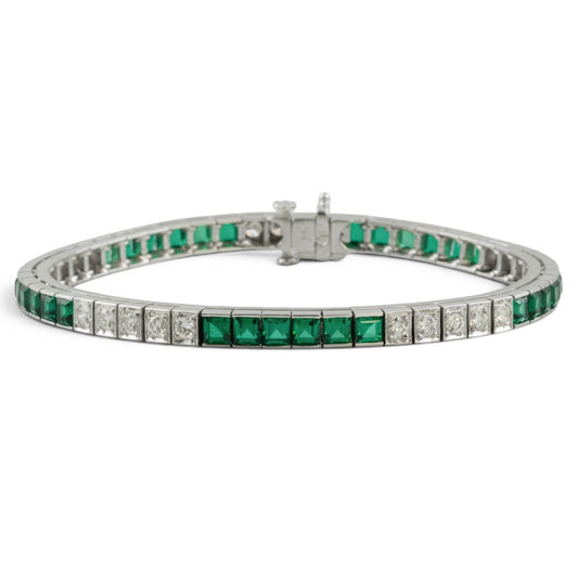 14k White Gold Emerald Cut Synthetic Emerald Diamond Tennis Bracelet 5.70ctw