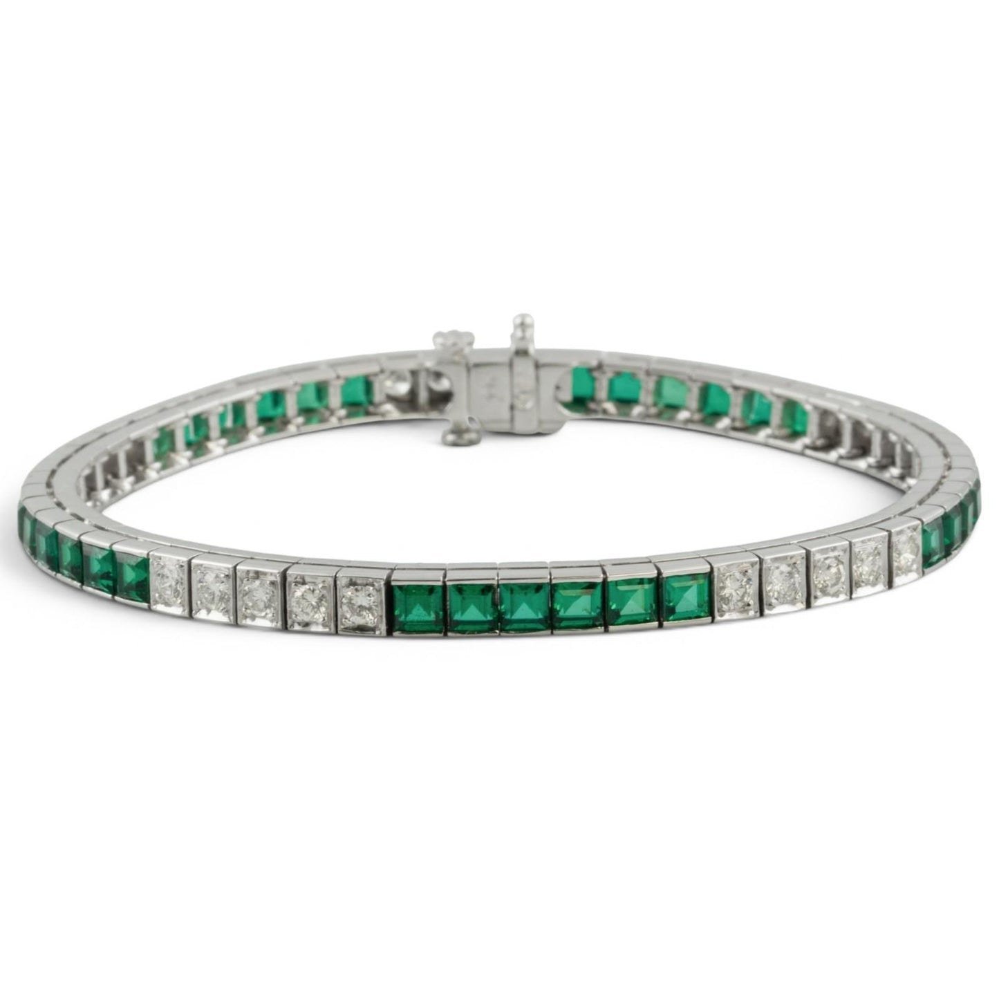 14k White Gold Emerald Cut Synthetic Emerald Diamond Tennis Bracelet 5.70ctw