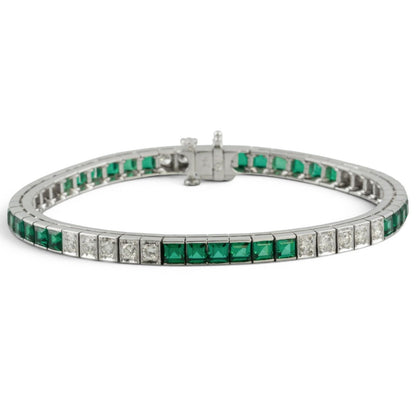 14k White Gold Emerald Cut Synthetic Emerald Diamond Tennis Bracelet 5.70ctw