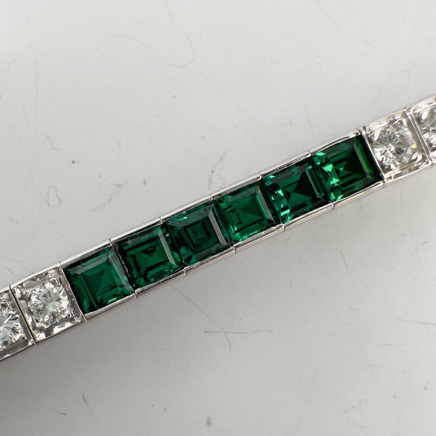 14k White Gold Emerald Cut Synthetic Emerald Diamond Tennis Bracelet 5.70ctw
