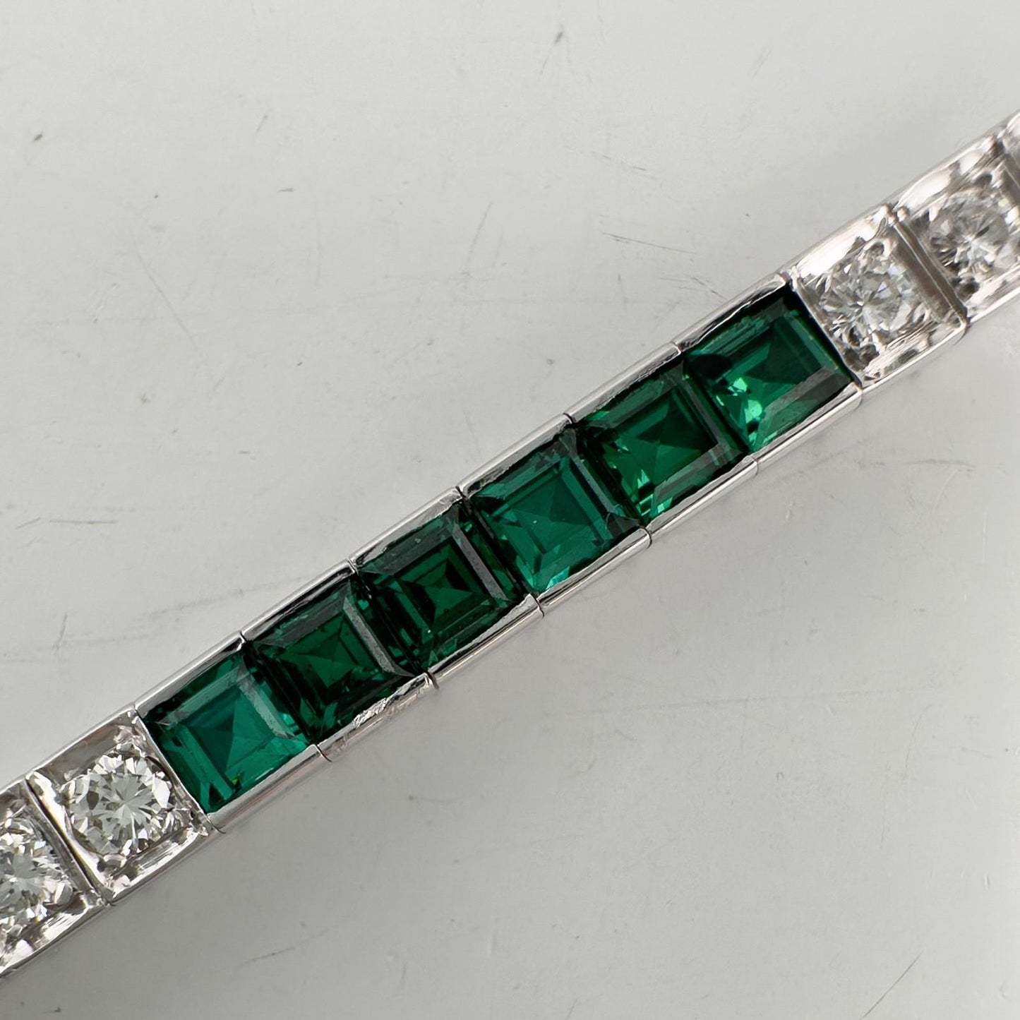 14k White Gold Emerald Cut Synthetic Emerald Diamond Tennis Bracelet 5.70ctw