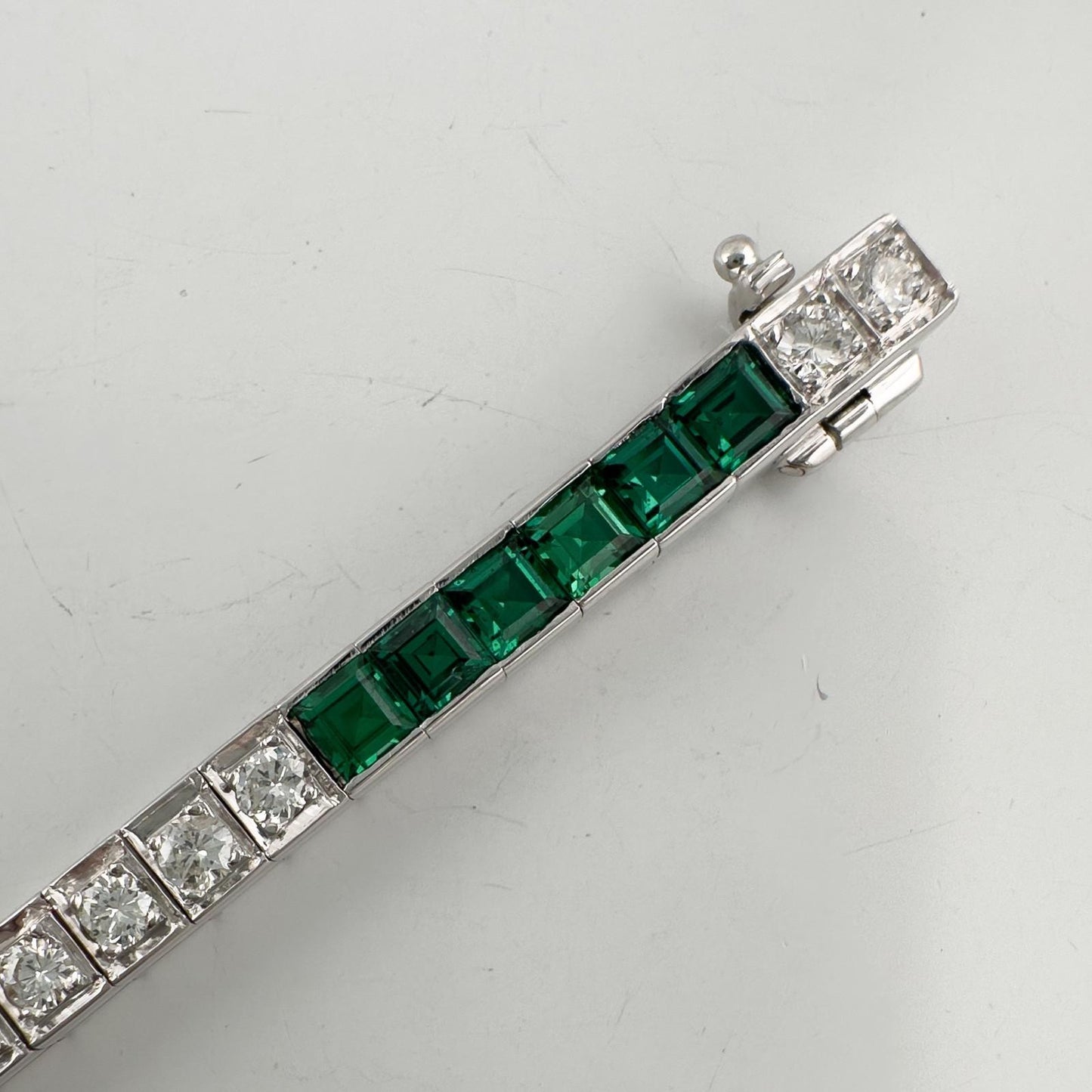 14k White Gold Emerald Cut Synthetic Emerald Diamond Tennis Bracelet 5.70ctw