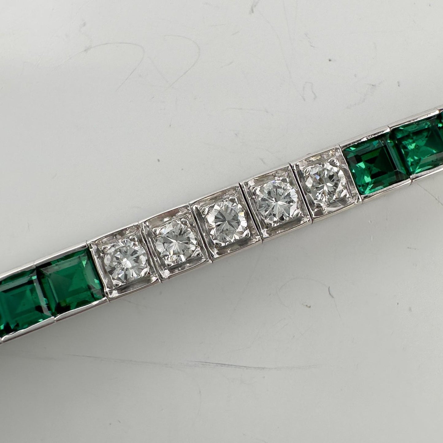 14k White Gold Emerald Cut Synthetic Emerald Diamond Tennis Bracelet 5.70ctw