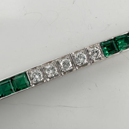 14k White Gold Emerald Cut Synthetic Emerald Diamond Tennis Bracelet 5.70ctw