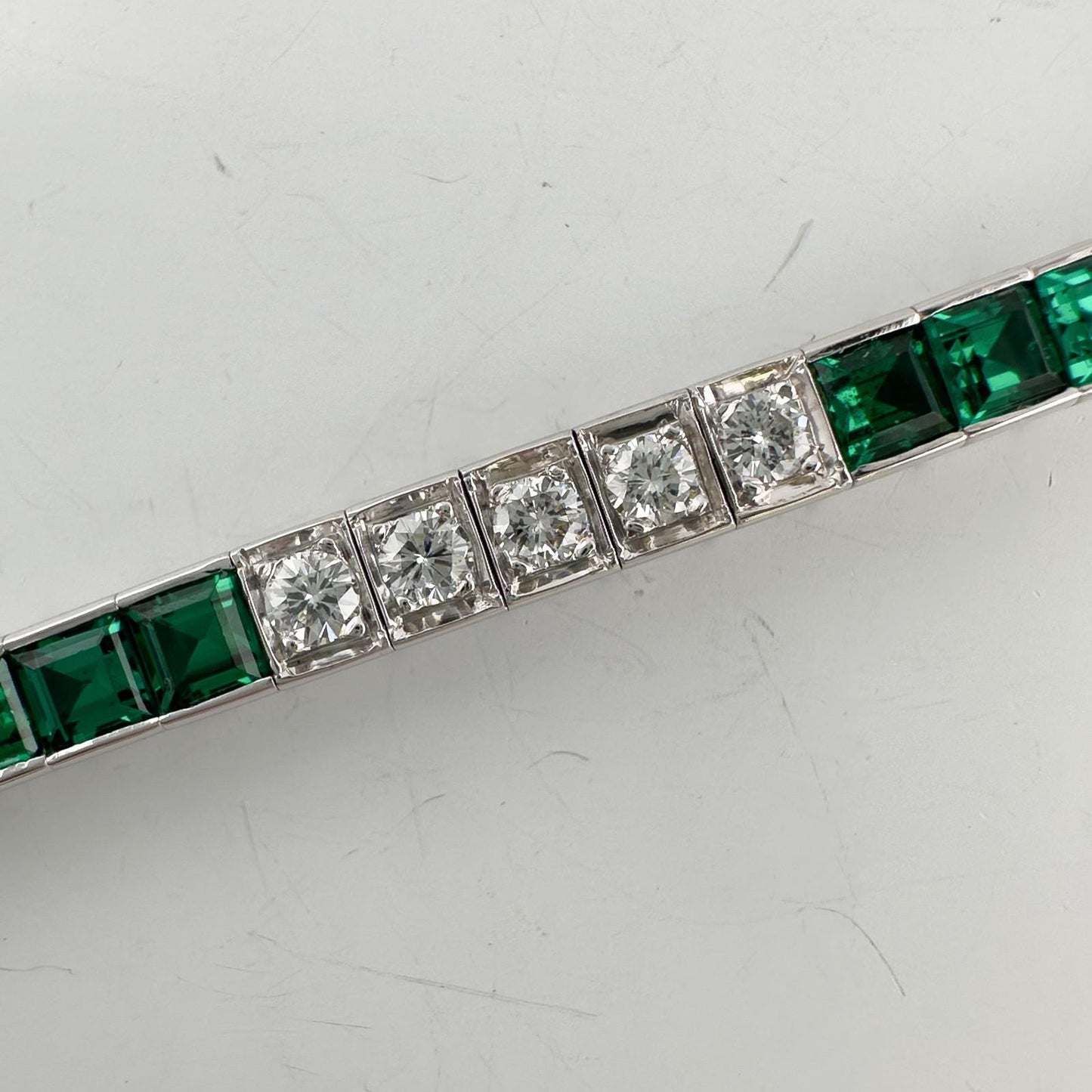 14k White Gold Emerald Cut Synthetic Emerald Diamond Tennis Bracelet 5.70ctw