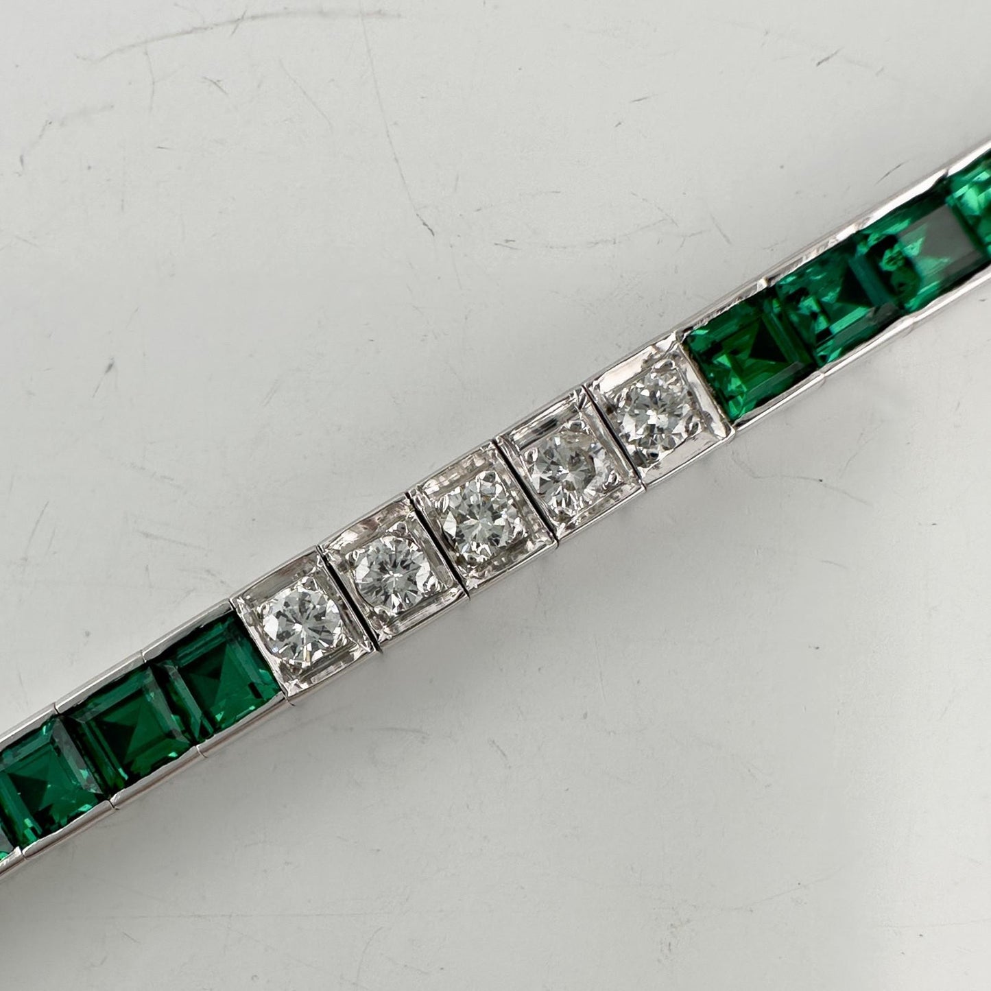 14k White Gold Emerald Cut Synthetic Emerald Diamond Tennis Bracelet 5.70ctw