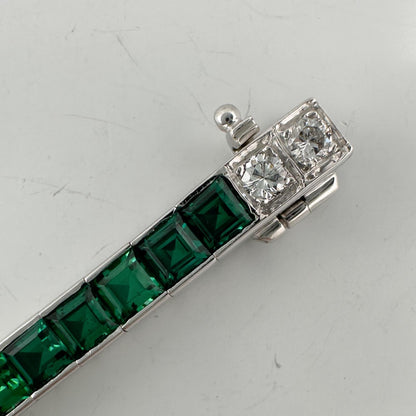 14k White Gold Emerald Cut Synthetic Emerald Diamond Tennis Bracelet 5.70ctw