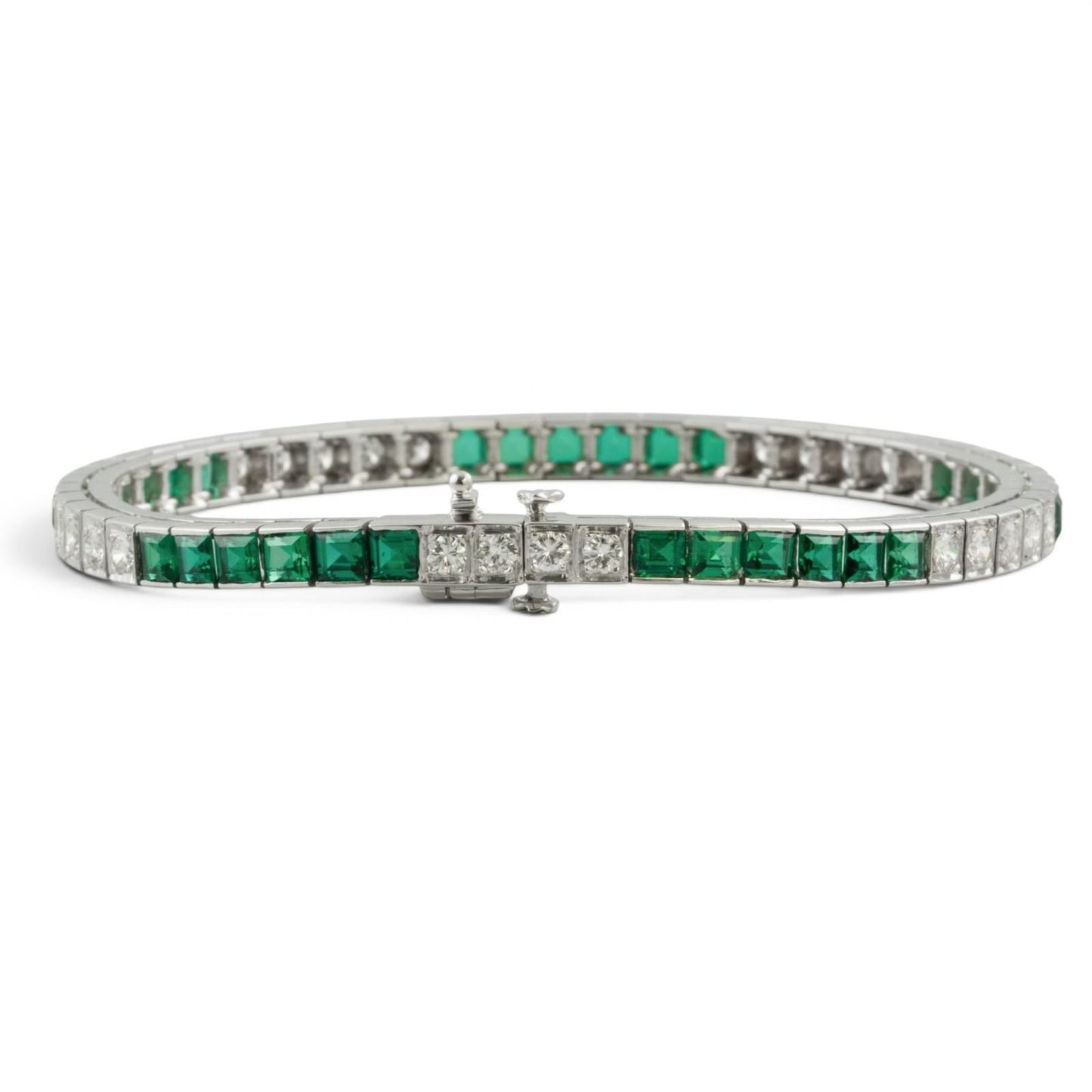 14k White Gold Emerald Cut Synthetic Emerald Diamond Tennis Bracelet 5.70ctw