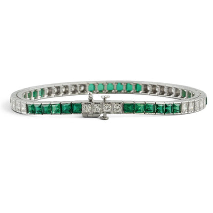 14k White Gold Emerald Cut Synthetic Emerald Diamond Tennis Bracelet 5.70ctw