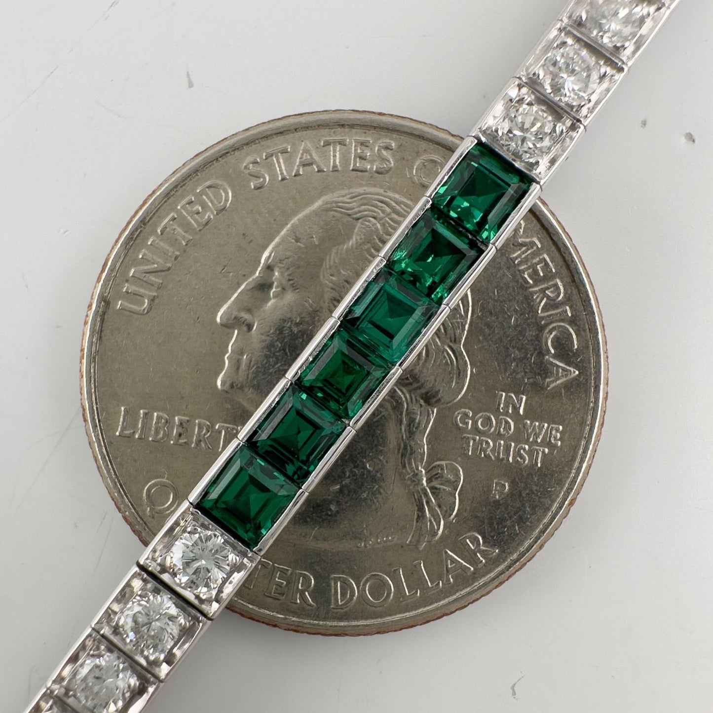 14k White Gold Emerald Cut Synthetic Emerald Diamond Tennis Bracelet 5.70ctw
