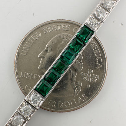14k White Gold Emerald Cut Synthetic Emerald Diamond Tennis Bracelet 5.70ctw