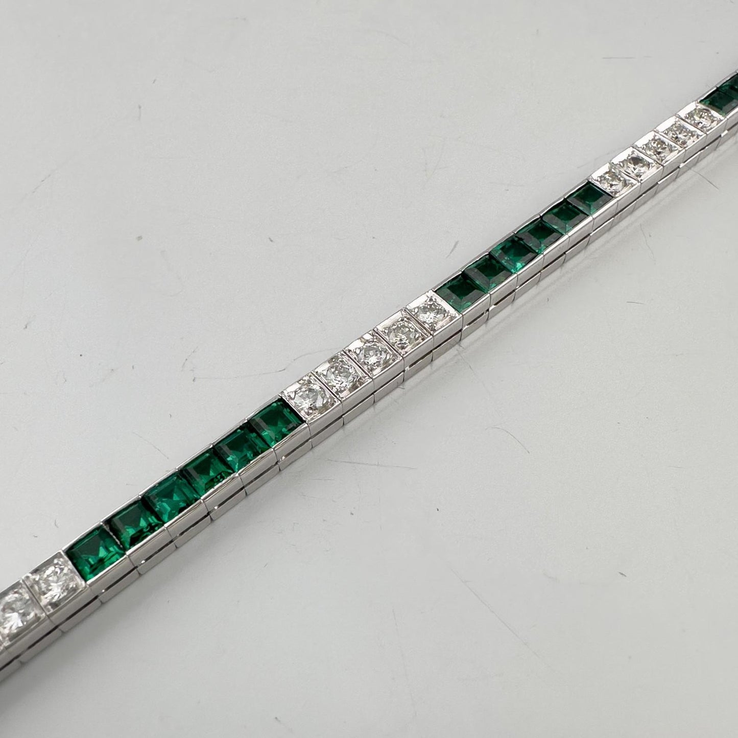 14k White Gold Emerald Cut Synthetic Emerald Diamond Tennis Bracelet 5.70ctw