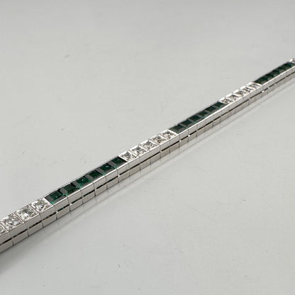 14k White Gold Emerald Cut Synthetic Emerald Diamond Tennis Bracelet 5.70ctw