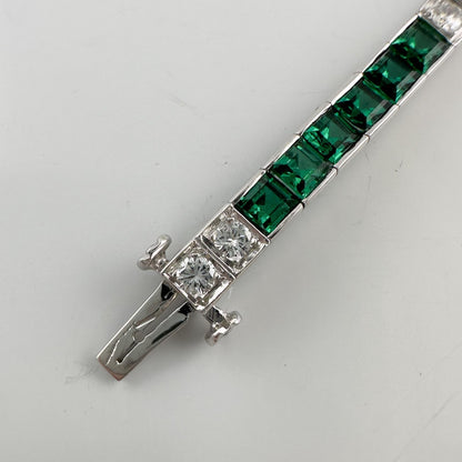 14k White Gold Emerald Cut Synthetic Emerald Diamond Tennis Bracelet 5.70ctw
