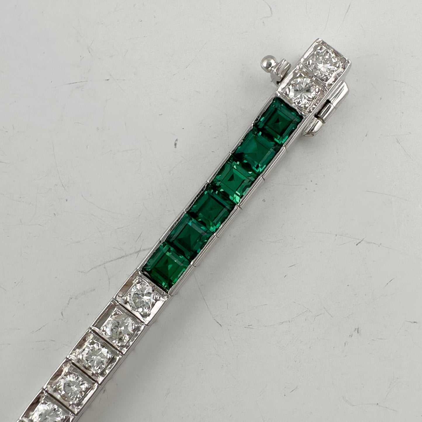 14k White Gold Emerald Cut Synthetic Emerald Diamond Tennis Bracelet 5.70ctw