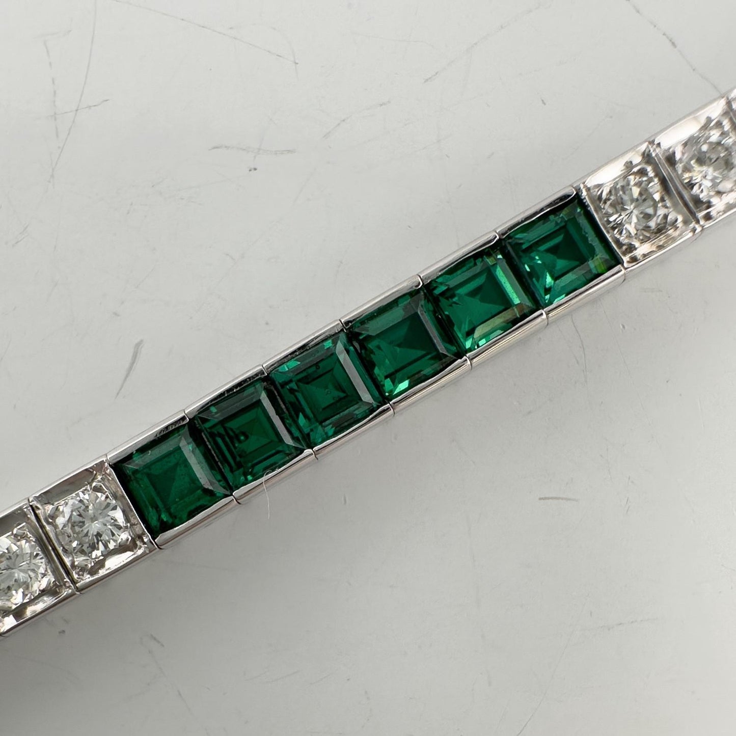 14k White Gold Emerald Cut Synthetic Emerald Diamond Tennis Bracelet 5.70ctw