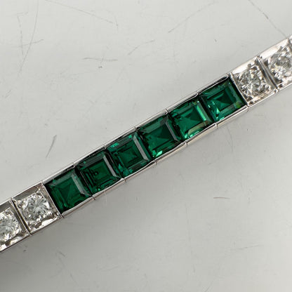 14k White Gold Emerald Cut Synthetic Emerald Diamond Tennis Bracelet 5.70ctw