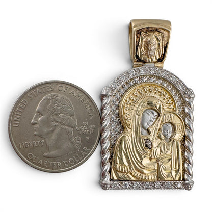 14k Gold Diamond Virgin Mary Kazan Orthodox Church Slavonic Prayer Pendant 23g