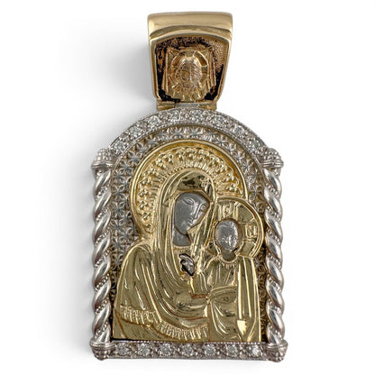 14k Gold Diamond Virgin Mary Kazan Orthodox Church Slavonic Prayer Pendant 23g