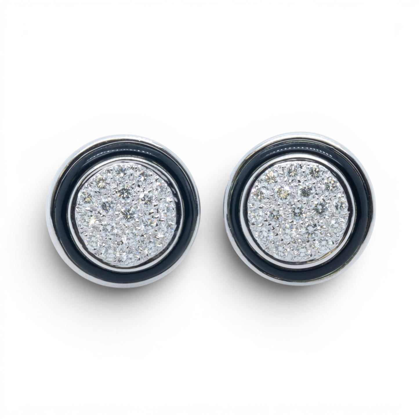 18k White Gold Pave Diamond Black Enamel Halo Clip-On Earrings 1.0ctw G VS 13.2g