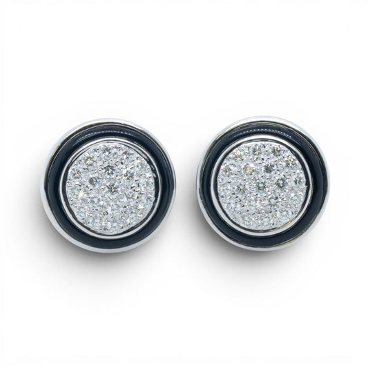18k White Gold Pave Diamond Black Enamel Halo Clip-On Earrings 1.0ctw G VS 13.2g