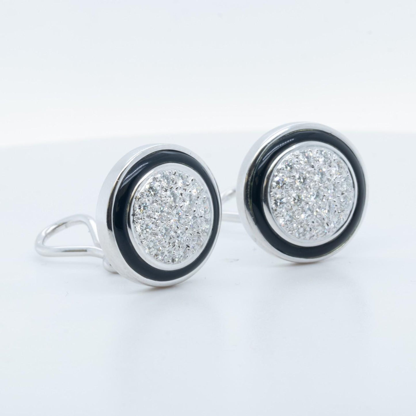 18k White Gold Pave Diamond Black Enamel Halo Clip-On Earrings 1.0ctw G VS 13.2g
